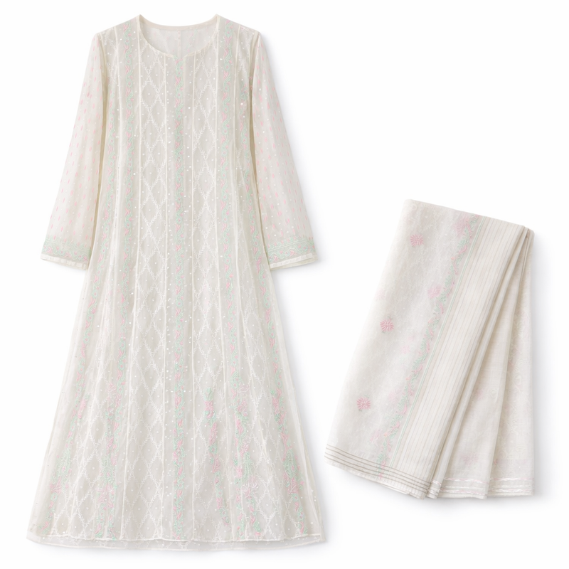 White Semistitched Anarkali Kurta Dupatta Set With Multicolored Kali's