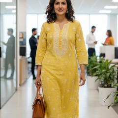 Yellow Chikankari Kota Unstitched Kurta with Pearl Work
