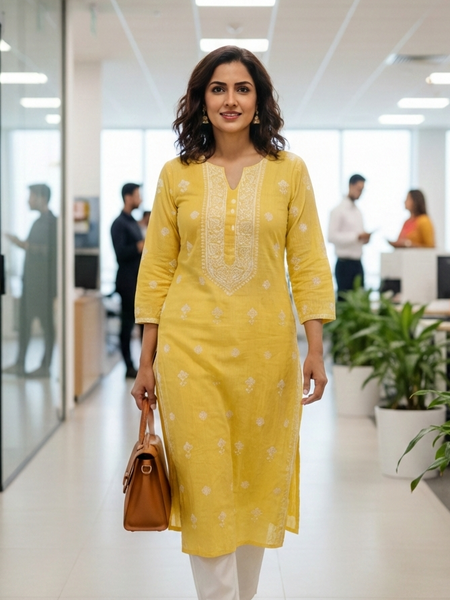 Yellow Chikankari Kota Unstitched Kurta with Pearl Work