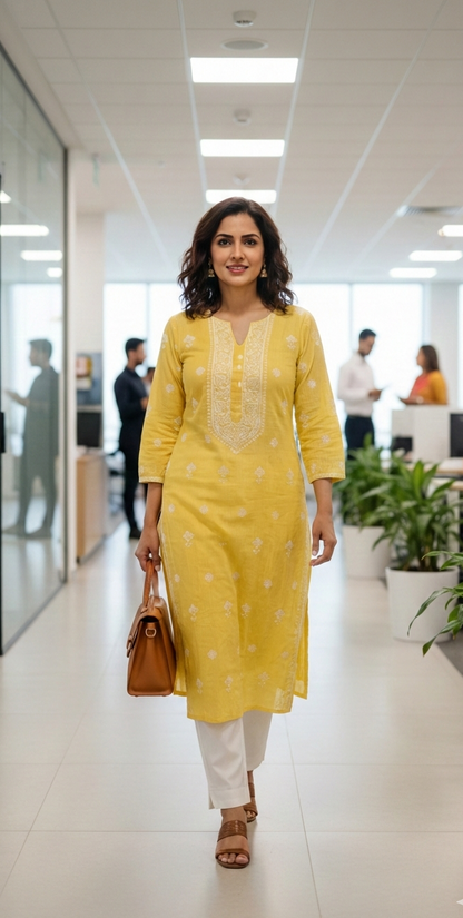 Yellow Chikankari Kota Unstitched Kurta with Pearl Work
