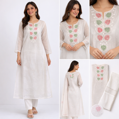 White Semistitched Mulchanderi Kurta Dupatta Set - Multicolored Embroidered Kurta