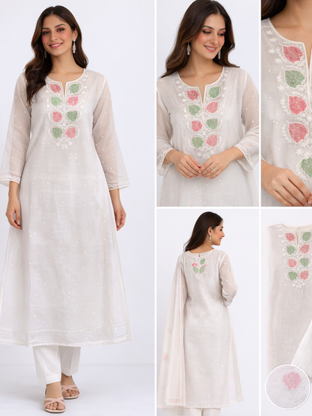 White Semistitched Mulchanderi Kurta Dupatta Set - Multicolored Embroidered Kurta