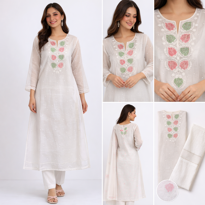 White Semistitched Mulchanderi Kurta Dupatta Set - Multicolored Embroidered Kurta
