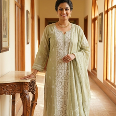 Pantone Tender Green Tissue Semistitched Chikankari Suit Set