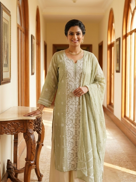 Pantone Tender Green Tissue Semistitched Chikankari Suit Set