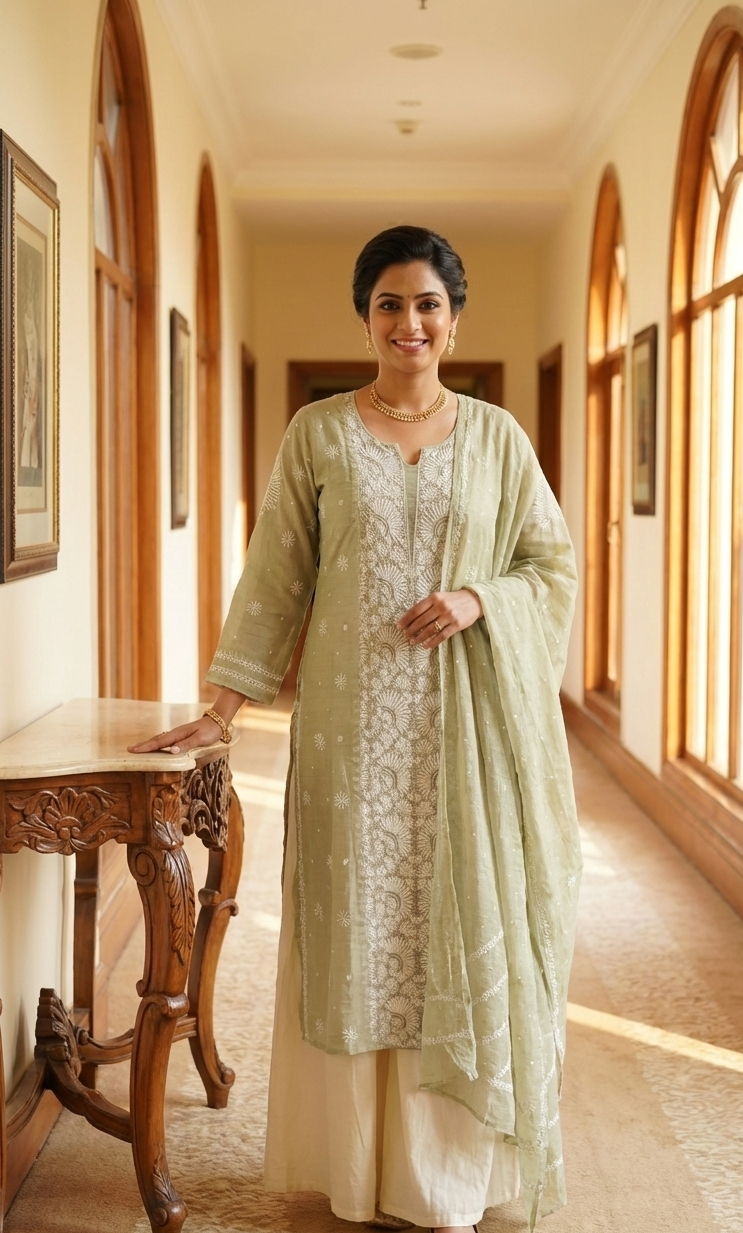 Pantone Tender Green Tissue Semistitched Chikankari Suit Set