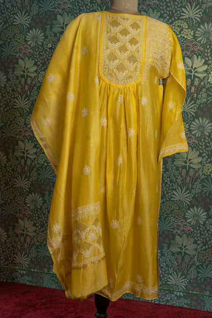 Yellow Silk Chikankari Semistitched Suit Set