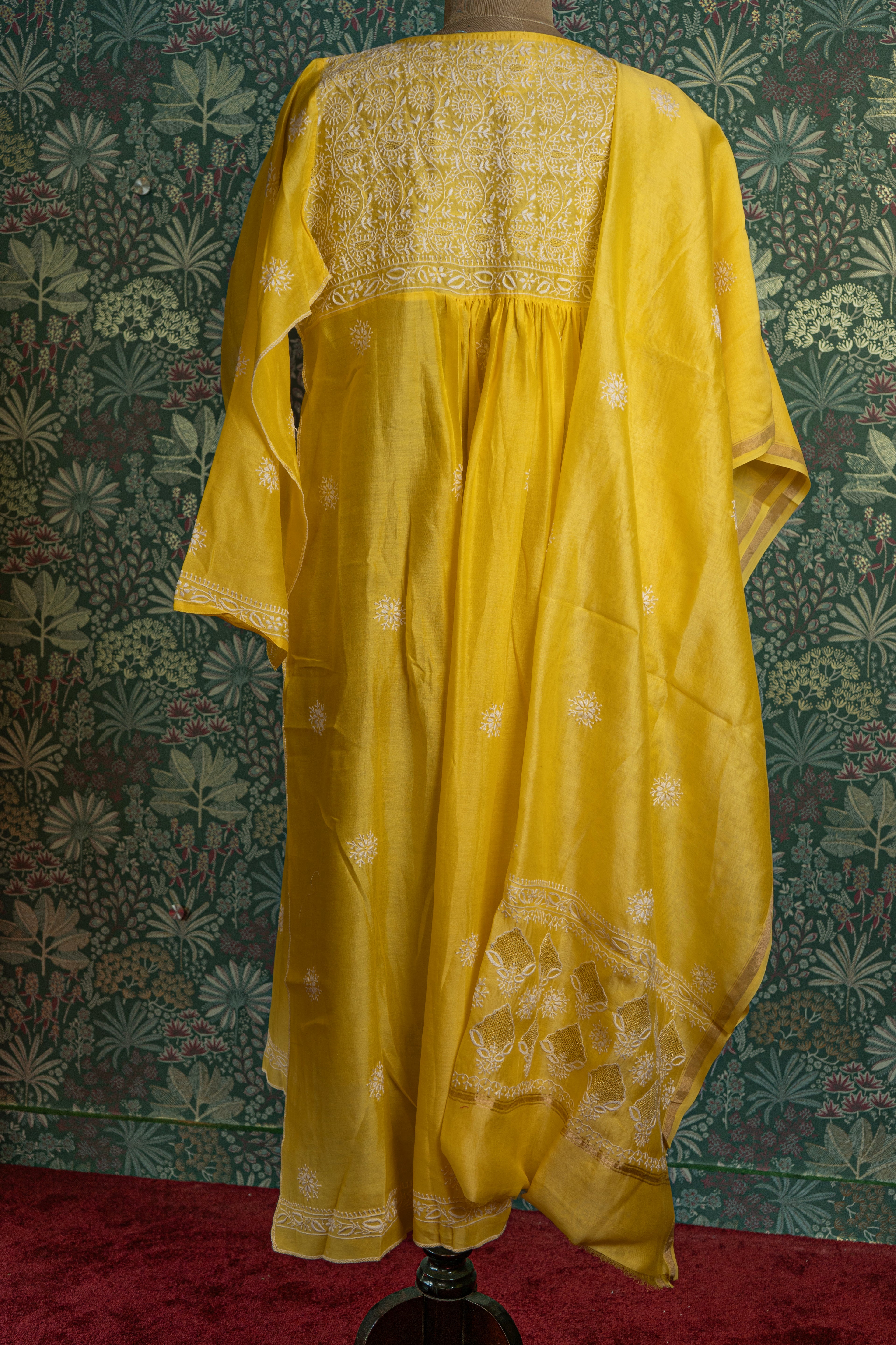 Yellow Silk Chikankari Semistitched Suit Set
