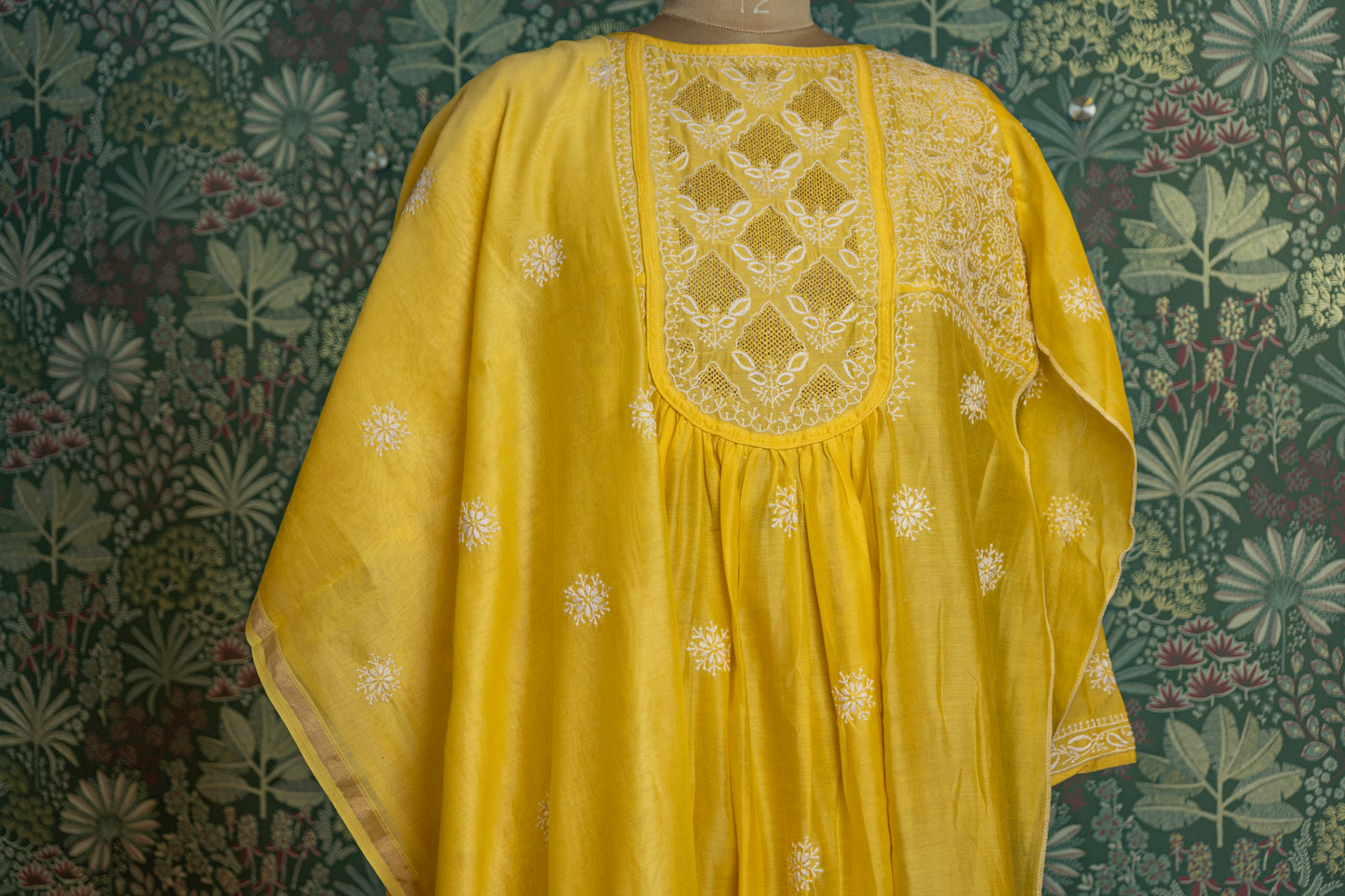 Yellow Silk Chikankari Semistitched Suit Set