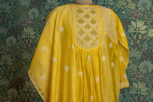 Yellow Silk Chikankari Semistitched Suit Set