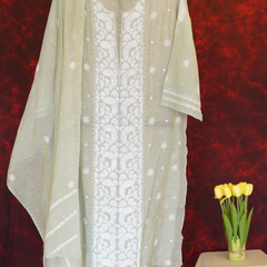 Pantone Tender Green Tissue Semistitched Chikankari Suit Set