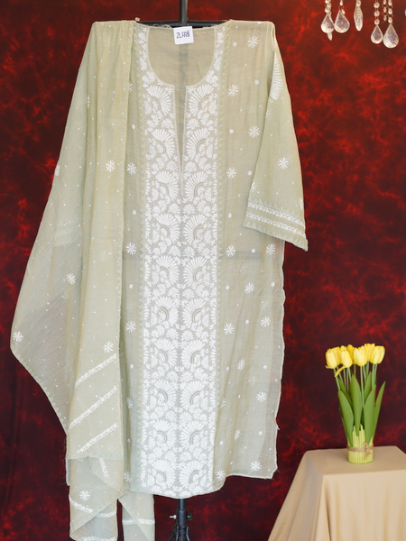 Pantone Tender Green Tissue Semistitched Chikankari Suit Set