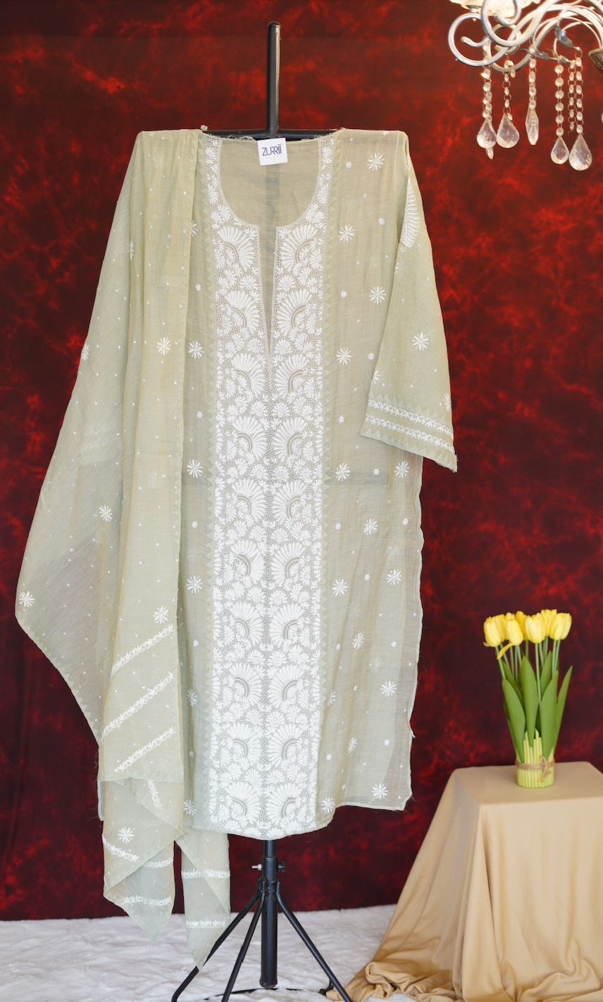 Pantone Tender Green Tissue Chikankari Suit Set