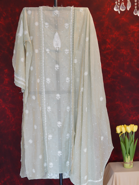 Pantone Tender Green Tissue Semistitched Chikankari Suit Set