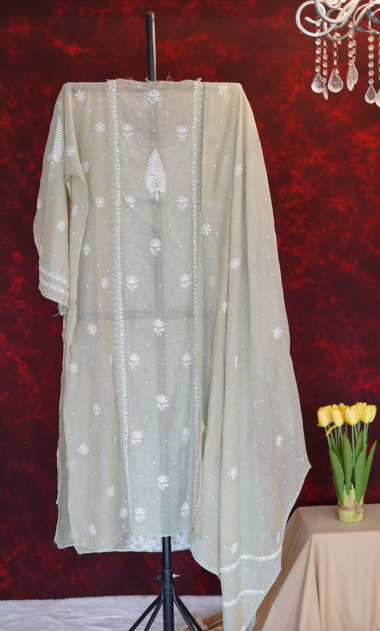 Pantone Tender Green Tissue Chikankari Suit Set