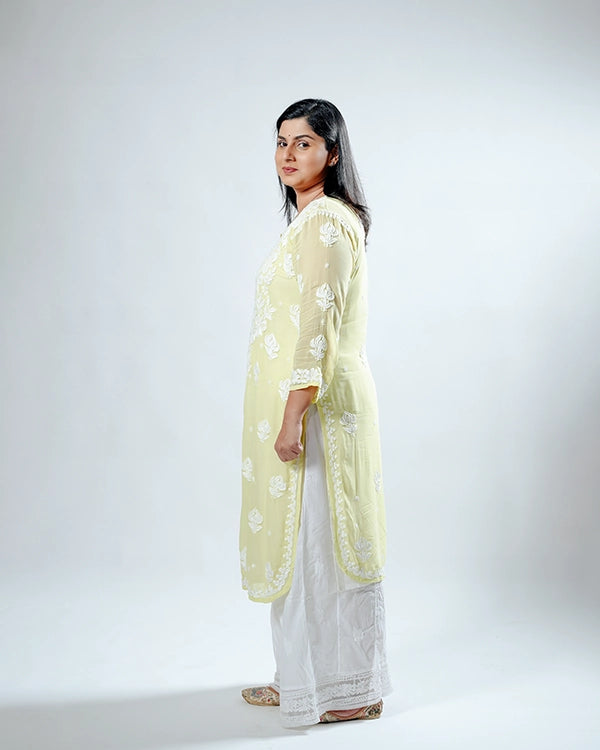 Yellow Viscose Georgette Chikankari Readymade Kurta