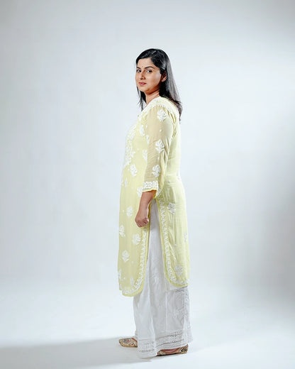 Yellow Viscose Georgette Chikankari Readymade Kurta