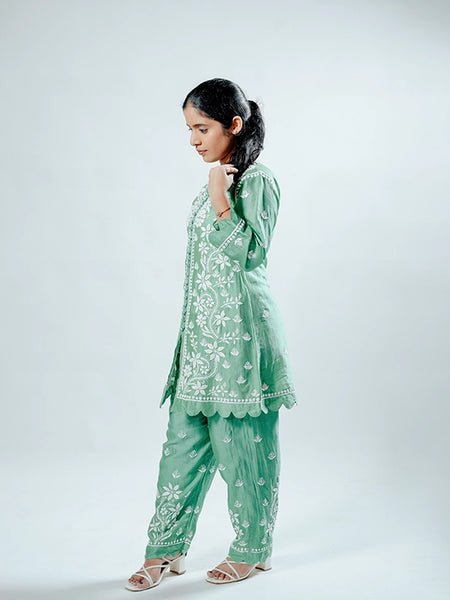 Green Pink Muslin Co-ord Set With Ghaspatti Chikankari Work