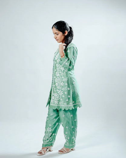Green Pink Muslin Co-ord Set With Ghaspatti Chikankari Work
