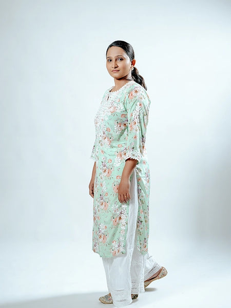 Readymade Divine Flora Crepe Green Kurta