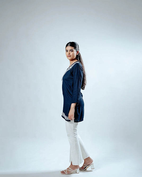 Heritage Navy Blue Rayon Short Kurti