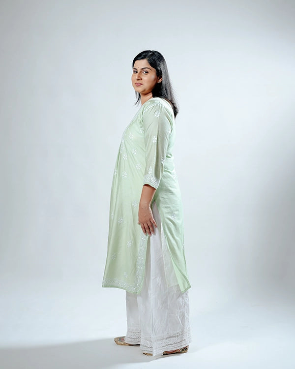 Pista Chanderi Chikankari Aline Kurta