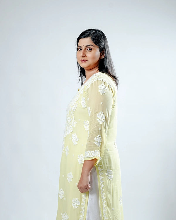 Yellow Viscose Georgette Chikankari Readymade Kurta