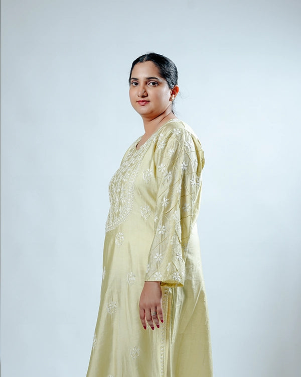 Golden Chanderi Chikankari Kurta