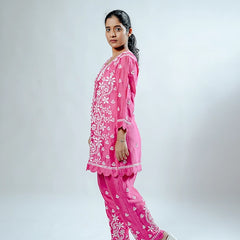 Green Pink Muslin Co-ord Set With Ghaspatti Chikankari Work