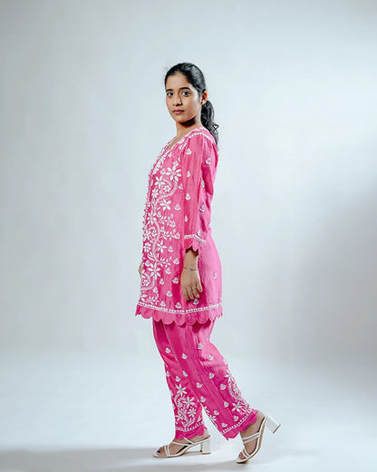 Green Pink Muslin Co-ord Set With Ghaspatti Chikankari Work