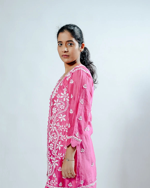 Green Pink Muslin Co-ord Set With Ghaspatti Chikankari Work