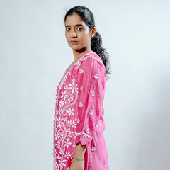 Green Pink Muslin Co-ord Set With Ghaspatti Chikankari Work