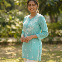 Sky Blue Readymade Cotton Short Kurti
