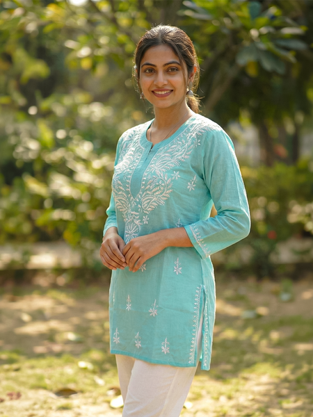 Sky Blue Readymade Cotton Short Kurti