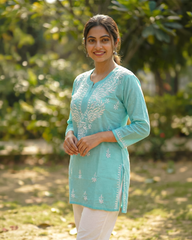 Sky Blue Readymade Cotton Short Kurti