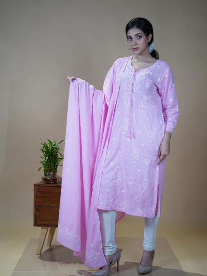 Cotton Pink Kurta Dupatta Set with Katdana Work