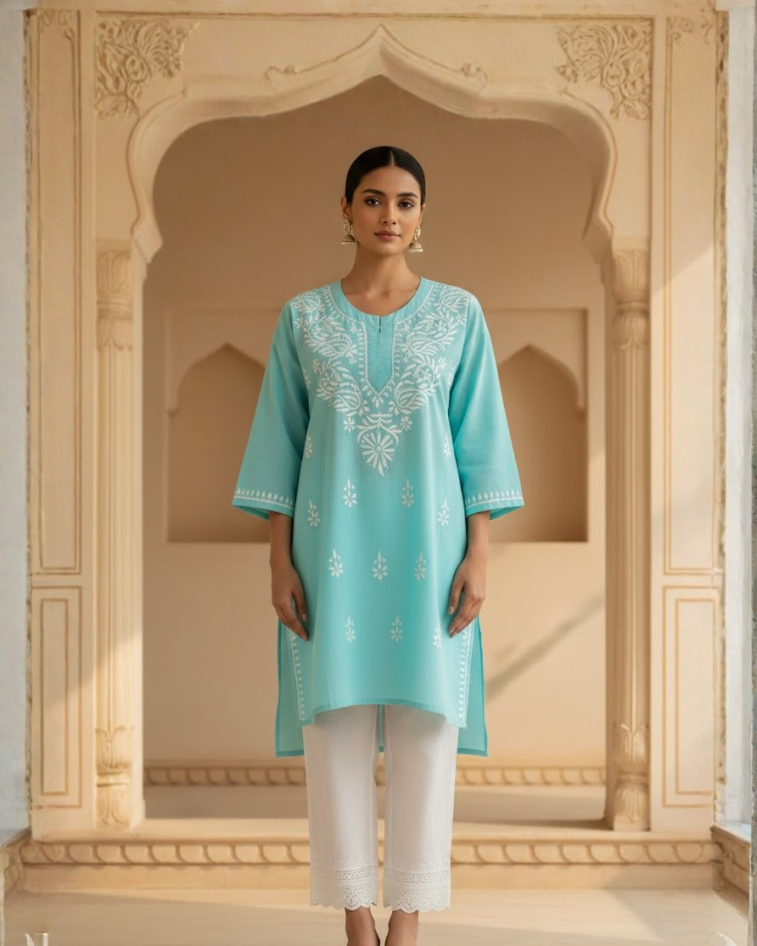Sky Blue Cotton Short Kurti