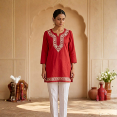 Heritage Red Rayon Readymade Short Kurti