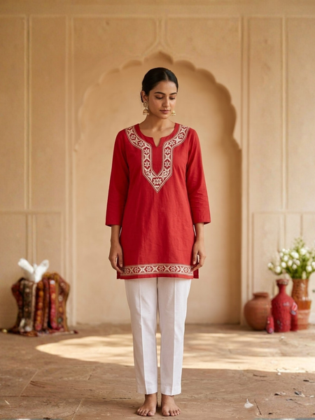 Heritage Red Rayon Readymade Short Kurti