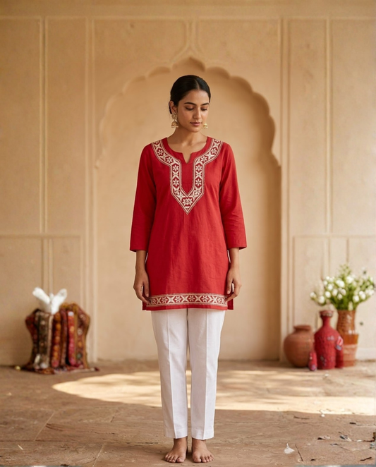 Heritage Red Rayon Readymade Short Kurti