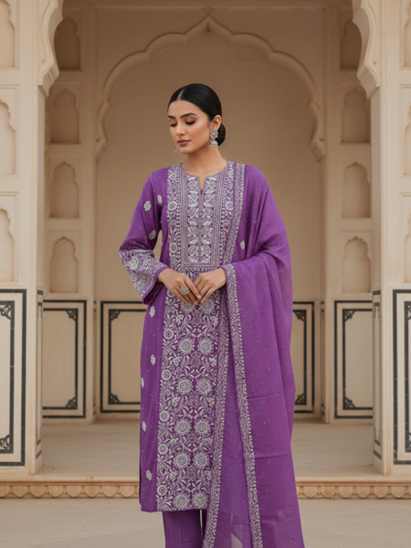 Purple Chikankari Semistitched Suit Set
