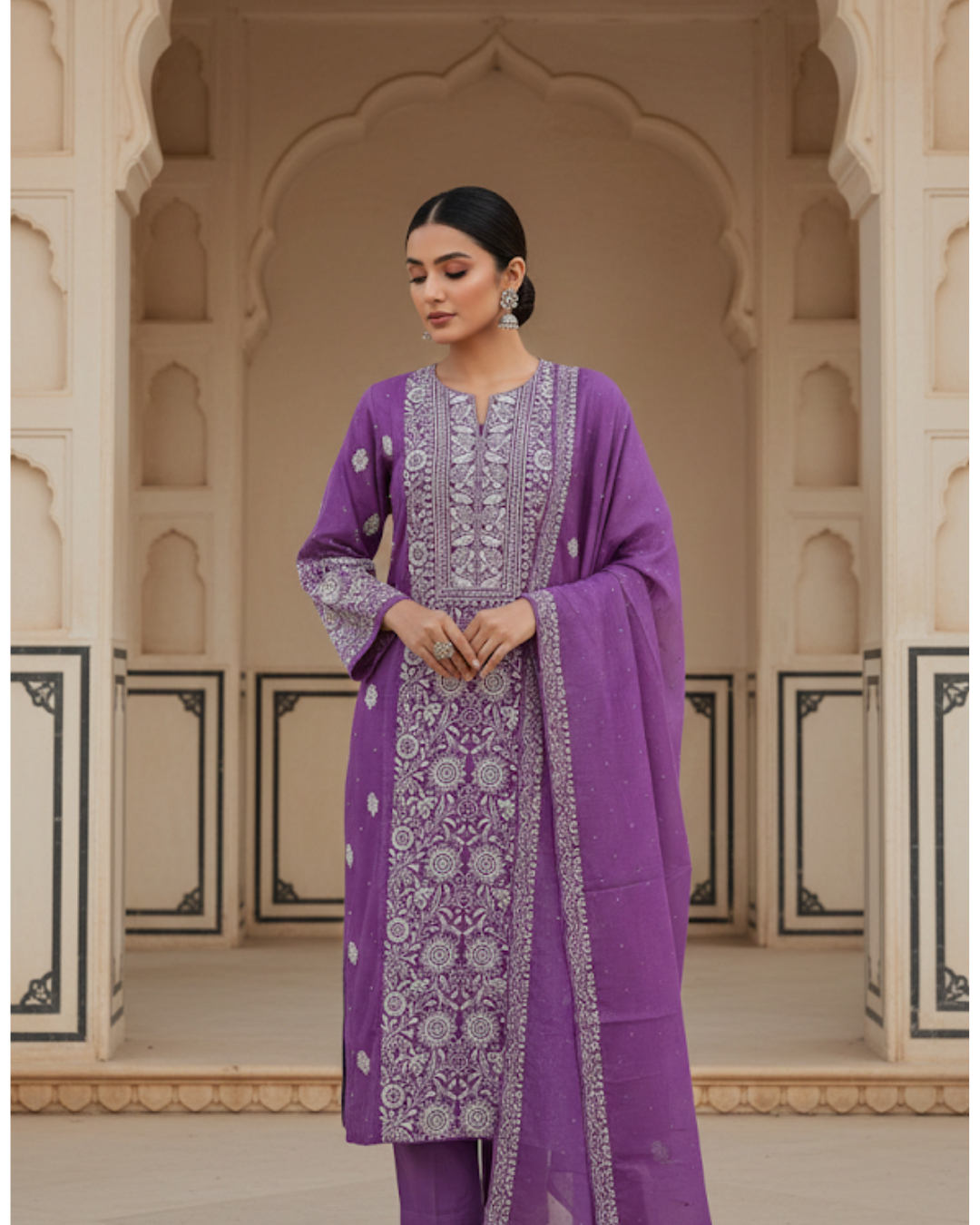 Purple Chikankari Semistitched Suit Set