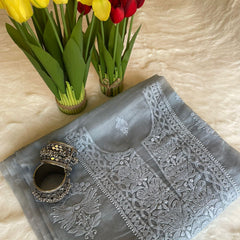 Grey Organza Chikankari Unstitched Suit Set
