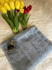 Grey Organza Chikankari Unstitched Suit Set