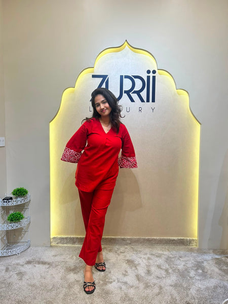 Cotton Red Co-Ord Set with Embroidery