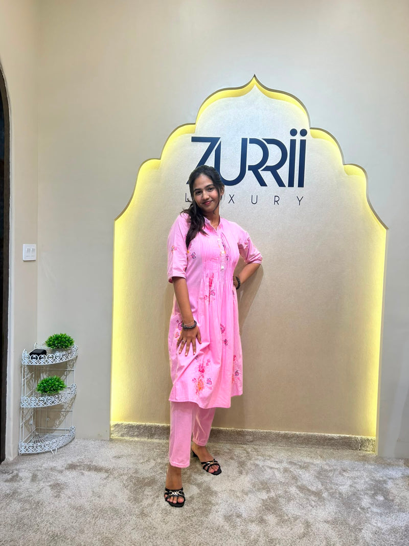 Pink Cotton Co-Ord Set with Thread Work
