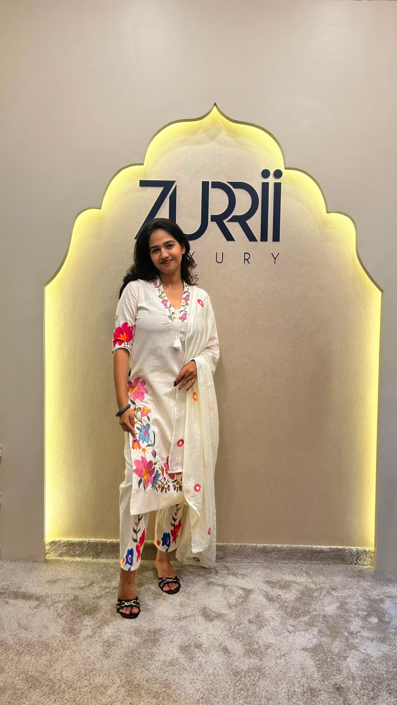 White Linen Kurta with Embroidery, Pant and Dupatta