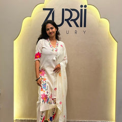 White Linen Kurta with Embroidery, Pant and Dupatta