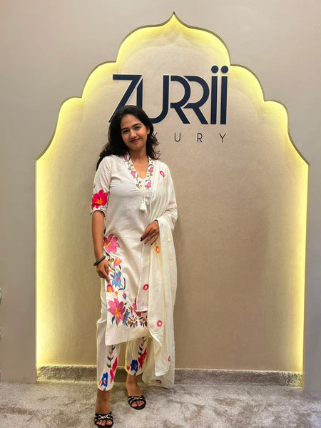 White Linen Kurta with Embroidery, Pant and Dupatta