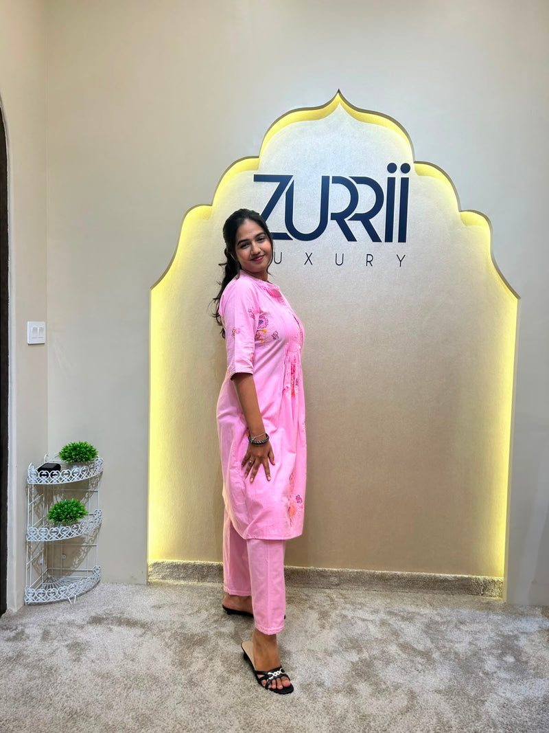 Pink Cotton Co-Ord Set with Thread Work